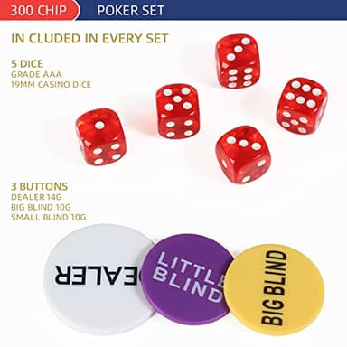 300Pcs Poker Chips Set for Texas Holdem,Blackjack,Professional Poker Kit with Aluminum Case,2 Decks Cards,Dealer,Big Small Blind Buttons and 5 Dice,11.5 Gram Gambling Chips for Casino Games - Image 6
