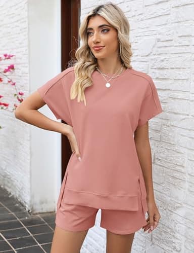 LOMON Women's Loungewear Sets Fashion Comfy 2 Piece Outfits Shorts Sets Short Sleeve Summer Sweatsuits(Pink,L) - Image 2