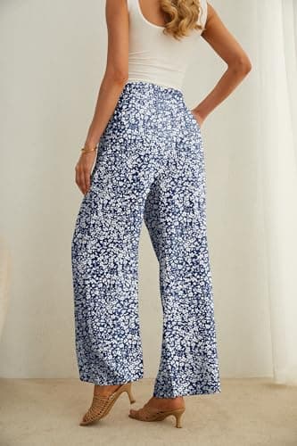 IWOLLENCE Women's Wide Leg Pants with Pockets High Waist Adjustable Knot Loose Casual Trousers Business Work Casual Pants Blue White Flower S - Image 5