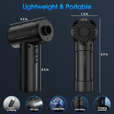 Compressed Air Duster, 100000RPM Handheld Car Vacuum/Air Blower& Pump, 3 Gear Adjustable Electric Air Duster/Car Vacuum Cleaner, Keyboard Duster with LED Light-10 Kits Air Blower for Computer(Black) - Image 9