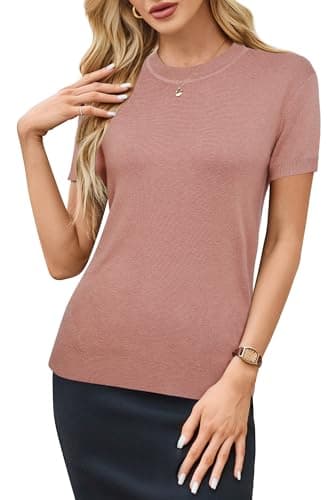 Arach&Cloz Womens Summer Tops 2024 Short Sleeve Pullover Sweaters Crew Neck Business Casual Tops Trendy Dusky Pink - Image 2