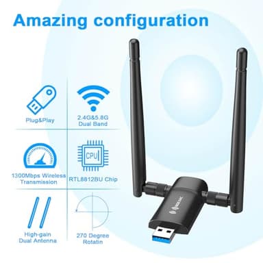 Wireless USB WiFi Adapter for PC - Nineplus 1300Mbps Dual 5Dbi Antennas 5G/2.4G WiFi Adapter for Desktop PC Laptop Windows11/10/8/7/Vista/XP, Wireless Adapters for Desktop Computer Network Adapters - Image 9