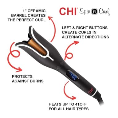 CHI Spin N Curl, Curling Iron For Healthy & Shiny Effortless Curls & Waves, Provides Preset Temperature Settings For Each Hair Texture, Onyx Black - Image 2