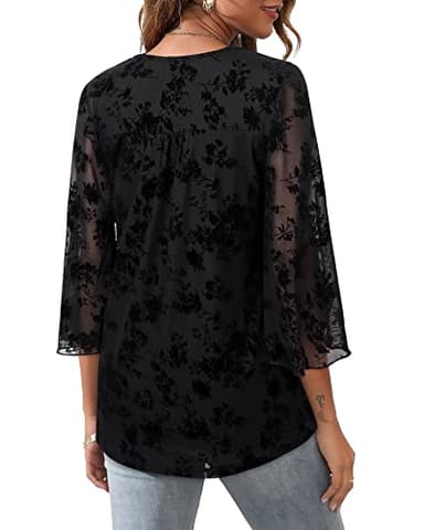 Bebonnie Womens Blouses and Tops Dressy, Bell Sleeve Tops for Women Spring Summer V Neck Business Casual Dress Shirts for Work Office Wear Sheer Swing Blouses Loose Fit Flowy Tunics Black Floral XL - Image 5