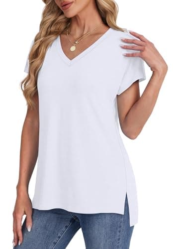 WIHOLL Womens Tops Cap Sleeve Basic Summer T Shirts V Neck Flowy Loose Fit Casual Business Work 2025 Spring Clothes Trendy Travel Holiday Outfits Plain Tee Blouses Dressy White M - Image 4