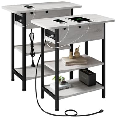 LIDYUK End Table with Charging Station, Set of 2 Flip Top Narrow Side Table for Small Spaces, Nightstands Set of 2 for Bedroom, End Tables Living Room with Storage Shelves, Light Grey - Image 1