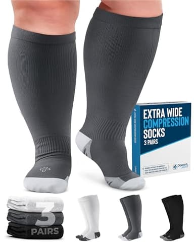 Doctor's Select 3 Pairs Plus Size Compression Socks Wide Calf - Up to 6XL | 20-30 mmHg Compression Socks for Women Wide Calves | Black, White, Gray - Image 1