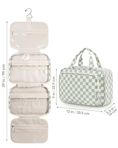 Narwey Travel Toiletry Bag for Women Large Hanging Makeup Bag Organizer Toiletries Bag for Full Size Essentials Accessories Cosmetics (Mint Green Checkerboard (Large)) - Image 9