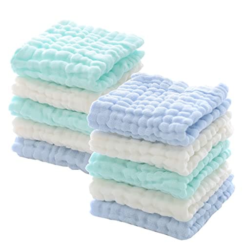 MUKIN Muslin Washcloths - Soft Face Cloths for Newborn, Absorbent Bath Face Towels, Wipes, Burp Cloths, Baby Registry as Shower. Pack of 10 (Green,Blue,White) - Image 1