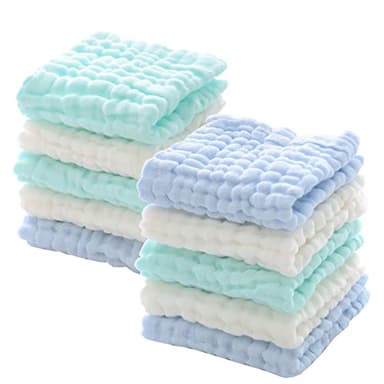 MUKIN Muslin Washcloths - Soft Face Cloths for Newborn, Absorbent Bath Face Towels, Wipes, Burp Cloths, Baby Registry as Shower. Pack of 10 (Green,Blue,White) - Image 1