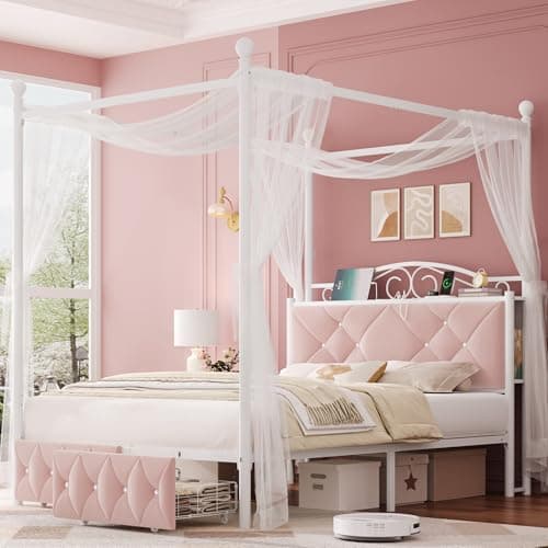 Full Upholstered Canopy Bed Frame with 2 Drawers & Crystal Tufted Storage Headboard Two-Purpose Metal Platform Bed with 4 Removable Posts & Charging Station Pink Princess Bed, Curtain Not Included - Image 1