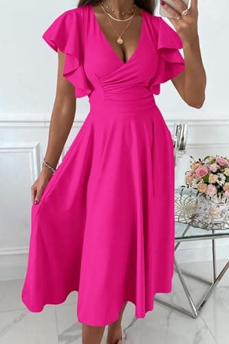 PRETTYGARDEN Summer Midi Dress 2025 Spring Ruffle Sleeve V Neck Cocktail Wedding Guest A Line Fit and Flared Dresses (Rose Red,Large) - Image 4