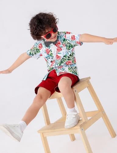 JunNeng Toddler Baby Boy Shorts Sets Hawaiian Outfits,Tropical Floral Short Sleeve Shirt +Elastic Shorts Vacation Clothes,Navy Blue 4-5 Years - Image 5