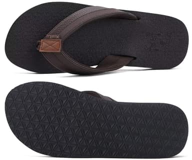KuaiLu Men's Leather Flip Flops Arch Support Summer Beach Pool Water Thong Sandals Waterproof Rubber Walking Shoes Slip on Orthotic Casual Sport Cushioned Wide Slides Shower Slippers Brown Size 12 - Image 9