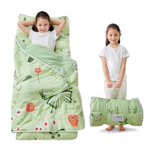 Toddler Nap Mat with Pillow and Blanket, Extra Large Rolled Napping Mats,Slumber Bags for Boys Girls,Kids Sleeping Bag for Daycare, Preschool Travel Camping, Green Butterfly - Image 1
