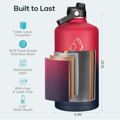 128oz Insulated Water Bottle, BUZIO Gallon Water Jug with Straw Lid and Carrying Sleeve (Cold for 48 Hrs) Stainless Steel Hydro Metal Canteen Water Flask, Ruby Red Navy - Image 4
