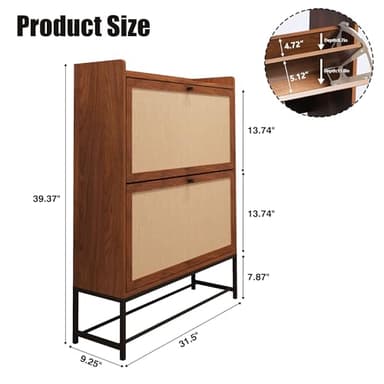 AVZEAR Narrow Shoe Storage Cabinet for Entryway with 2 Flip Drawers, Freestanding Shoe Cabinet with Natural Linen Panel, Slim Wood Shoe Organizer Closed Shoe Rack for Hallway, Foyer(Walnut) - Image 2