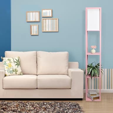 Simple Designs LF1014-LPK Etagere Organizer Storage Shelf Linen Shade Floor Lamp, Light Pink - Image 2