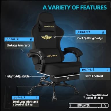GTPLAYER Gaming Chair Fabric with Pocket Spring Cushion, Big and Tall Gamings Chairs 350LBS High Back Computer Chair with Footrest for Adults Lumbar Support Swivel Game Chair for Office Light Black - Image 5