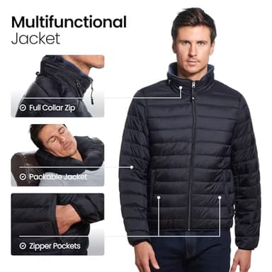 Weatherproof Men's Puffer Jacket, Lightweight Alternative Down Jacket with Packable Travel Neck Pillow, Travel-Ready Winter Jackets for Men, Water & Wind Resistant, Black, Medium - Image 5