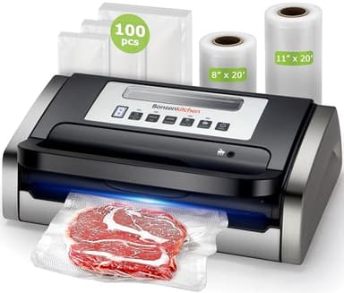 Bonsenkitchen Vacuum Sealer Machine, Powerful Low-Noise Food Vacuum Sealer for High-Speed Continuous Working, Handle Locked Design, Built-in Cutter, 2 Bag Rolls + 100 PCS Vacuum Bags - Image 1