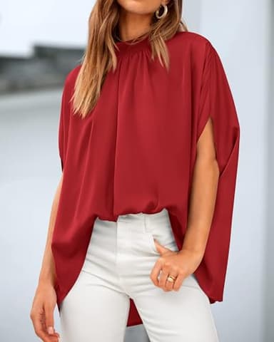BTFBM Womens Summer Tops 2025 Fall Mock Neck Batwing Sleeve Shirts Loose High Low Hem Oversized Dressy Casual Blouses(Red, Medium) - Image 5