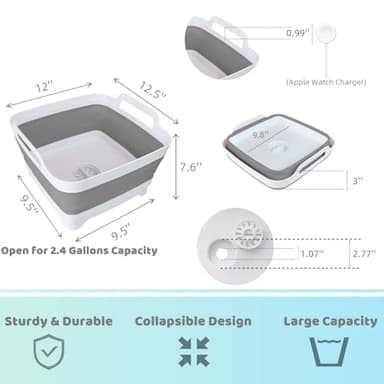 GIMWA Collapsible Wash Basin for Baby Bottles - 2.4 Gallons Portable Wash Bin for RV Camping Sink, Space-Saving Dish Tub (Gray) - Image 3