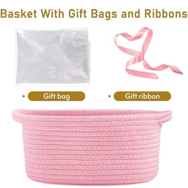 Poschnor Baby Gift Basket with Gift Bags and Ribbons, 12x 8x 5 Inch Basket for Baby and Pet Toys, Small Cotton Rope Basket - Pink - Image 2