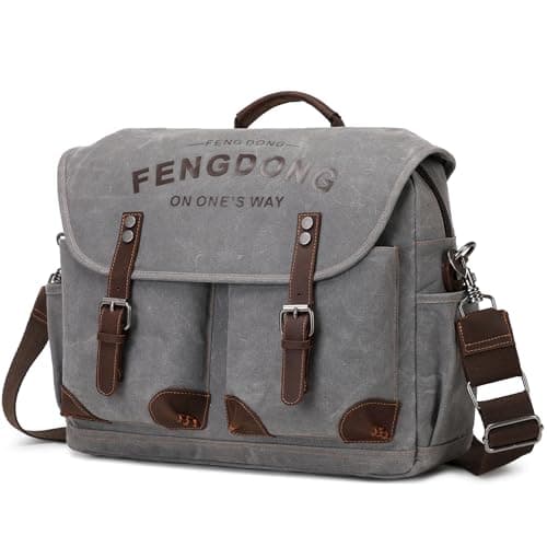 FENGDONG Mens Messenger Bag 15.6 Inch Vintage Waxed Canvas Genuine Leather Briefcase Leather Computer Laptop Bag Rugged Satchel Shoulder Bag Gray - Image 1