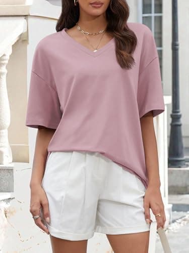ATHMILE Womens Summer Oversized Shirts V Neck Plus Size Spring Workout Tops Beach Vacation 2025 Gym Clothes Dark Pink - Image 3
