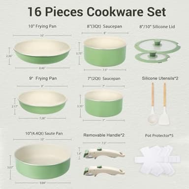 M MELENTA Pots and Pans Set Non Stick, 16pcs Induction Cookware with Detachable Handle, Space Saving Stackable Pot Set, Non Toxic Granite Kitchen Cooking Set, Oven Safe, Sage Green - Image 2