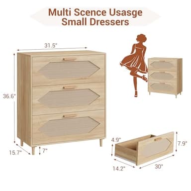 GAOMON 3 Drawer Rattan Dresser for Bedroom, Rattan Modern Dresser Wood Chest of Drawers, Wooden Storage Cabinets for Bedrooms, Hallways, Living Rooms, and Entryways, Easy Assemble, Natural - Image 2