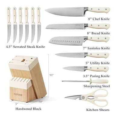 CAROTE 14 Pieces Knife Set with Block, Forged, High Carbon Stainless Steel Sharp Blade Block Knife Set, Dishwasher Safe Cutlery, Cream - Image 2