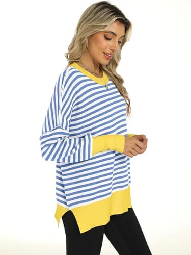 ANRABESS Women Oversized Sweaters Batwing Long Sleeve 2025 Fall Outfits Crewneck Casual Knit Side Slit Fashion Pullover Top Blue White Medium - Image 4