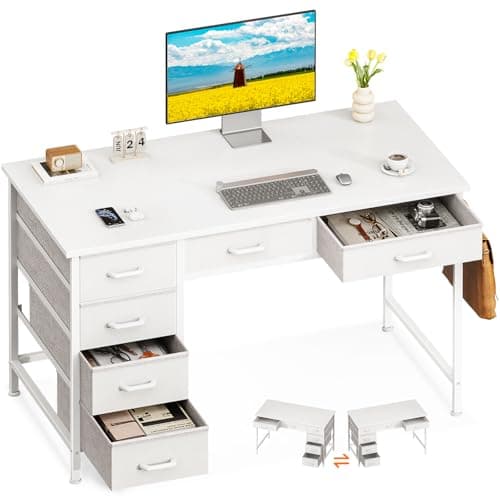 ODK Computer Desk with 6 Drawers, 40 Inch Small Desk with Storage, Reversible Desk with Headphone Hook for Home Office, Work Study Table for Bedroom, White - Image 1