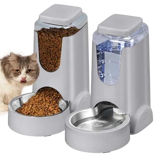 HWONMTE Portable Automatic Cat Feeder and Water Dispenser with Stainless Steel Bowl Dog Gravity Food Feeder and Waterer for Small Medium Pets Puppy Kitten 1 Gallon x 2 (Silver Gray) - Image 1