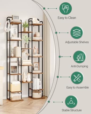 Hzuaneri 10 Tiers Vertical Shoe Rack, Narrow Shoe Tower, Tall Shoes Shelf with 2 Hooks, Adjustable Shelves, Corner Shoes Shelves for Small Spaces, Entryway, Living Room, Rustic Brown SR11201B - Image 7