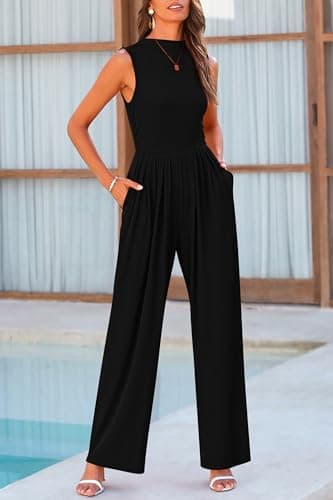 PRETTYGARDEN Womens Summer Jumpsuits Dressy Casual One Piece Outfits Sleeveless Mock Neck Wide Leg Pants Rompers with Pockets (Black,X-Large) - Image 8