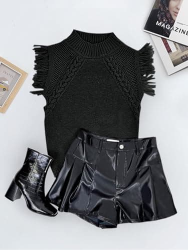 Saodimallsu Womens Mock Neck Sleeveless Sweater Vest Cable Knit Fringe Cap Sleeve Boho Trendy Pullover Tank Tops Black - Image 4