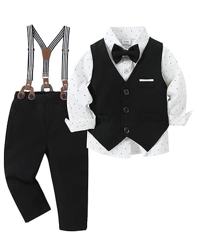 ZOEREA Toddler Boy Suit Formal Wedding Outfits Gentleman Clothes Long Sleeve Shirt + Suspender Pants + Bowtie Black 4-5T - Image 1