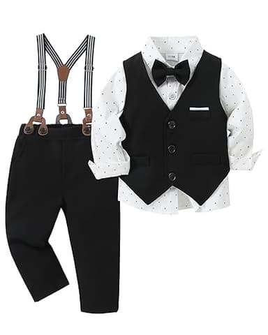 ZOEREA Toddler Boy Suit Formal Wedding Outfits Gentleman Clothes Long Sleeve Shirt + Suspender Pants + Bowtie Black 4-5T - Image 1