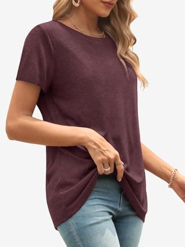 ATHMILE Womens Tops Dressy Casual T Shirts Crewneck 2025 Summer Casual Tops Fitted Shirts Basic Tee Wine Red - Image 4
