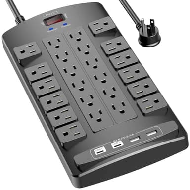 QINLIANF Surge Protector Power Strip - 6Ft Flat Plug Heavy Duty Extension Cord with 24 Outlets and 4 USB Ports(2 USB-C Ports), 1875W/15A, 4100J, for Home, Office, Dorm, ETL Listed, Black - Image 1