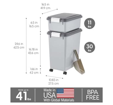 IRIS USA Dog Food Storage Container, 30 lbs & 11 lbs Combo, Cat Food Storage Container, Dog Treat Container, Airtight, Stackable, 2-Cup Scoop, Wheels, Easy Mobility, Gray - Image 3