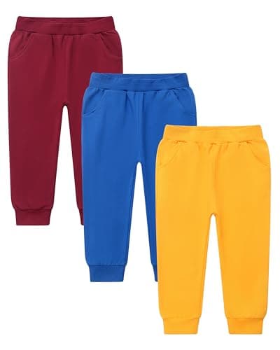 GFQLONG 3 Pack Toddler Pants Sweatpants Boys Cotton Joggers, Athletic Pull on Sweat Pants with Pockets for Kids Clothes, Blue+Yellow+Red, 2-3T - Image 1