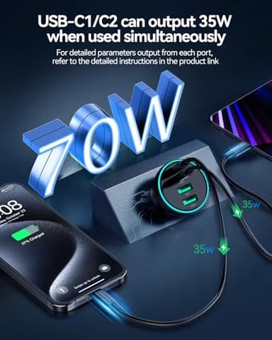 70W USB C Car Charger, Rocoren 4-Port PD Super Fast Charging Type C Car Charger for Multiple Devices, Cigarette Lighter Adapter, USBC Phone Adapter for iPhone 17/17 Air/16/15 Pro Max,Samsung S25,Piexl - Image 2