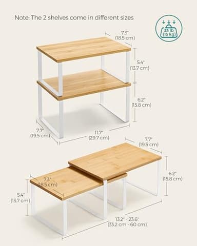 SONGMICS Cabinet Organizer Shelf, Set of 4 Kitchen Counter Shelves, Kitchen Storage, Spice Rack, Stackable, Expandable, Metal and Engineered Wood, Cloud White and Natural Beige UKCS010N01 - Image 3