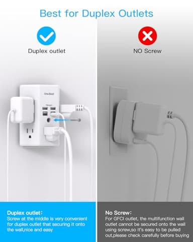 One Beat 1680J 3 Side Power Strip Multi Plug Expander, Surge Protector, 5 Outlets Extender, 4 USB Ports (USB C), Wall Mount Charger, Outlet Splitter Adapter for Home, Travel, Office, ETL Listed, White - Image 3