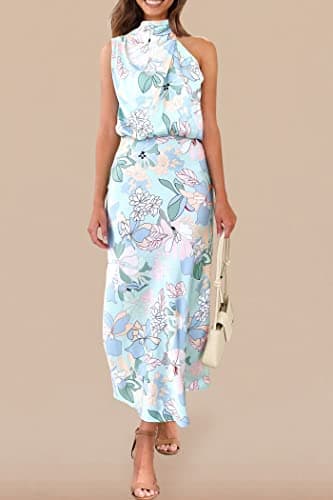 PRETTYGARDEN Women's 2025 Summer Satin Dress Elegant Sleeveless Mock Neck Cocktail Party Maxi Dresses (Print Blue,Large) - Image 5