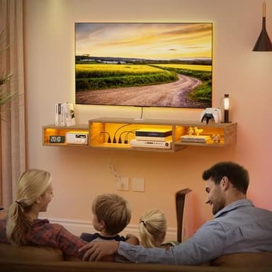 FABATO 59'' Floating TV Stand with LED Light Power Outlet, Floating Shelf for Under TV Wall Mount with Storage Shelf, Media Console Entertainment Center for Living Room, Natural Oak - Image 4